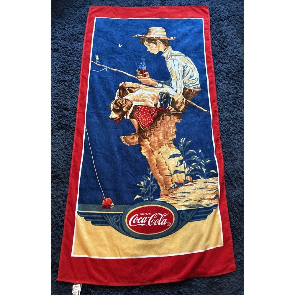 NWT Vintage 1992 Coca Cola Beach Towel Boy Dog Fishing 29X59